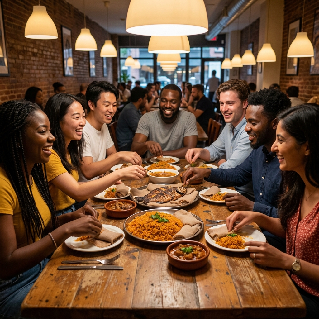 Diverse group of people enjoying a feast at Pamoja Kitchen